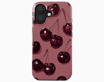 Funda para teléfono Dark Cherry con estética de frutas para iPhone 17, 16, 15 y 14 Pro Max, Samsung S26, S24 Ultra y Google Pixel, con cerezas burdeos.