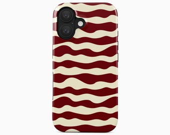 May include: A rectangular mobile phone case featuring a repeating pattern of horizontal wavy lines in deep burgundy and cream. The case has a black camera module cutout in the upper left corner and the text BOHO Case studio printed at the bottom.