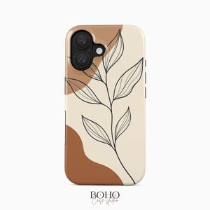 Boho Line Art Leaf Phone Case, Minimalist Earthy Botanical Cover