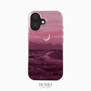 Purple Moon Ocean Phone Case for iPhone, Samsung & Google – Dreamy Night Sky Aesthetic with Crescent Moon, Celestial Watercolor Cover