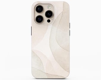 Può includere: Una custodia per smartphone con un design astratto ad acquerello nei toni del beige, crema e grigio chiaro. Il motivo è composto da forme curve, traslucide e sovrapposte che creano un effetto a strati sull'intera superficie.