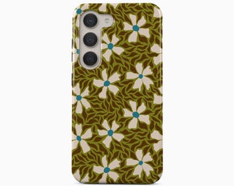 May include: A rectangular smartphone case featuring a repeating pattern of off-white flowers with teal centers set against a background of wavy, dark olive green and brown foliage. The case has a cutout for a triple-lens camera system on the back.
