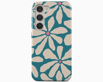 May include: A smartphone case featuring a repeating floral pattern with large, beige, rounded petals on a deep teal background. Each flower has a small, solid pink center. The case has a cutout for a triple-lens camera system on the upper left.