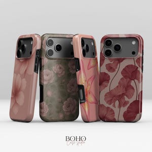 May include: Four phone cases with floral designs. The cases feature different patterns, including pink flowers, roses, and abstract floral arrangements. The cases are in shades of pink, green, and red. The text "BOHO Case studio" is at the bottom.