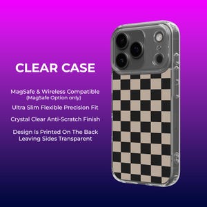 a clear case with a checkerboard pattern on a purple background.