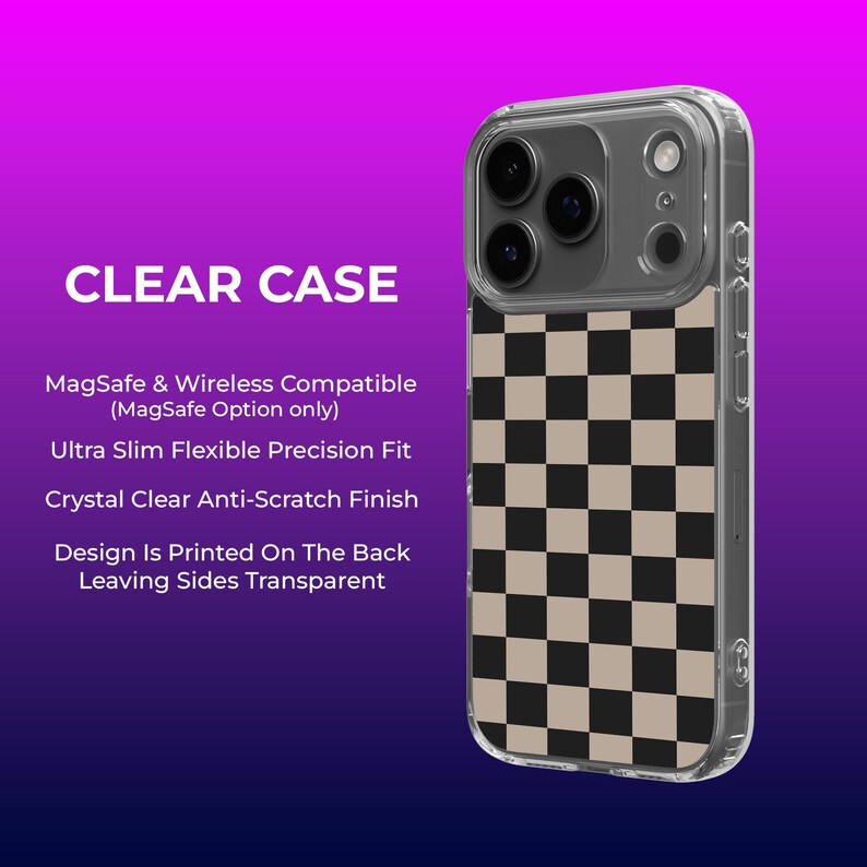 a clear case with a checkerboard pattern on a purple background.