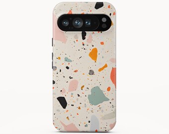 May include: A smartphone case featuring a cream-coloured background with a multi-coloured terrazzo pattern consisting of scattered black, orange, light blue, and pink shapes. The case has a black horizontal camera cutout at the top and the text Boho Case Studio.
