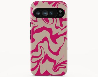 May include: A mobile phone case featuring a swirling, liquid-like pattern of vibrant hot pink and neutral beige colours. The design covers the entire back of the case, which includes a horizontal camera cutout at the top with visible lenses.
