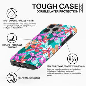 Turquoise Floral iPhone Case | Vibrant Tropical Flower Pattern Design Tough MagSafe iPhone 18-13 Series image 3