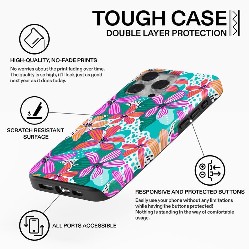 Turquoise Floral iPhone Case | Vibrant Tropical Flower Pattern Design Tough MagSafe iPhone 18-13 Series image 3