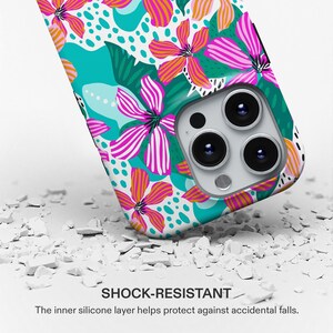 Turquoise Floral iPhone Case | Vibrant Tropical Flower Pattern Design Tough MagSafe iPhone 18-13 Series image 6