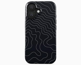 May include: A black phone case featuring a white topographic map line pattern across the back. The case has a dual camera cutout in the upper left corner and a flash opening. The text Boho Case Studio is printed in black at the bottom center.