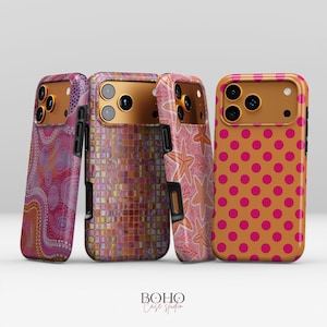May include: Four phone cases with unique designs. The cases feature patterns including pink dots, starfish, mosaic tiles, and an abstract design. The cases have a gold-colored camera frame and the text "BOHO Case Studio".