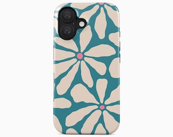 May include: A phone case featuring a repeating pattern of large, cream-colored flower petals on a teal background, with small pink centers in each flower. The case has a black camera cutout area at the top left and the text BOHO Case studio below.