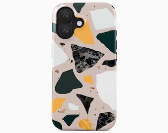 Funda de teléfono con diseño abstracto de terrazo y diseño moderno de piedra neutra para iPhone, Samsung Galaxy y Google Pixel.