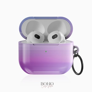 May include: A purple and blue gradient phone case with a white lid and a small white loop. The case is designed for AirPods and has a small white light on the front.