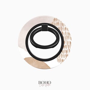 May include: A black phone ring holder with a white background and abstract brown and beige shapes. The background has a subtle pattern of brown dots.
