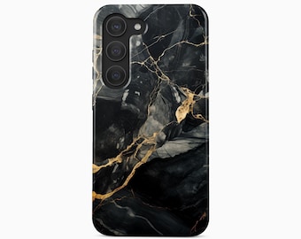 Svart Marmor Guld Åder Mobilskal till Samsung Galaxy S24 Ultra, iPhone 17 Pro