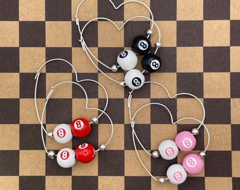 Slay - Mini Billiard 8-Ball Heart Shaped Hoops - Retro Pool Ball Jewelry - Vintage Game Accessories