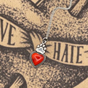 Rubi - Small Red Rosarita Heart Pendant with Dog Paw Deta
