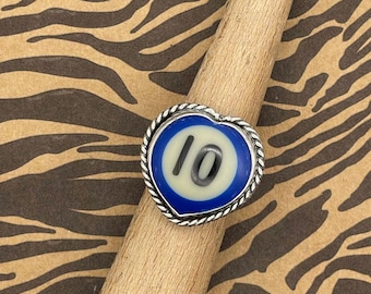 Silvia-Vintage Billiard Ball #10 Heart Ring: Sterling Silver, Twisted Wire Detail