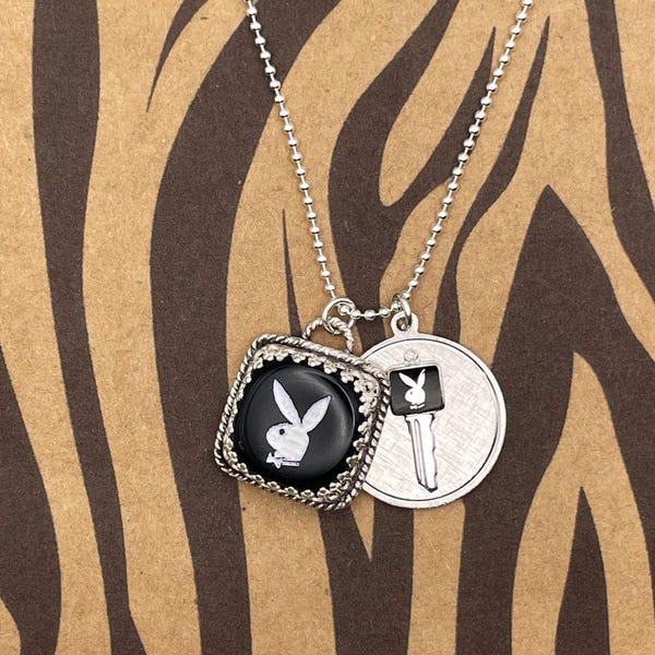 Playboy-Charm Necklace with Vintage Playboy Dice and Bunny Key Charm-Sterling Silver