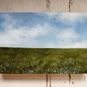 Rustic Meadow Painting on Wood Acrylic, Nature Wall Art, Hand-painted Landscape Artwork, Farmhouse Decor Gift, New England Summer Field