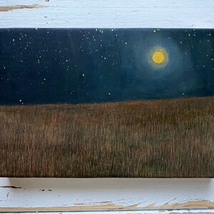 Rustic Meadow Painting on Wood Acrylic, Nature Wall Art, Hand-painted Landscape Artwork, Farmhouse Decor, Harvest Moon Gift