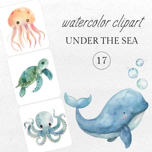 Unterwasser Aquarell Clipart, Kinderzimmer Dekor, Baby Wand Kunst, Krake, Qualle, Wal, Meeresschildkröte, Fisch, niedliche Meerestiere PNG, Babyparty