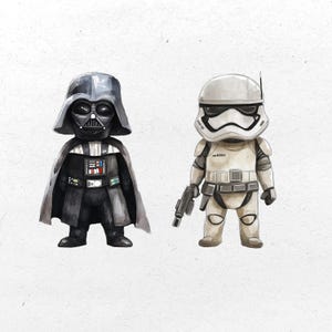 May include: Watercolor illustration of two Star Wars characters: Darth Vader in black and a Stormtrooper in white. Darth Vader has a black cape and helmet. The Stormtrooper holds a blaster. The figures are stylized with large heads and small bodies.