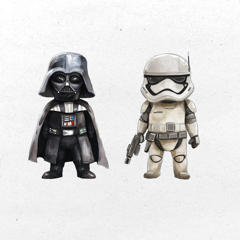 May include: Watercolor illustration of two Star Wars characters: Darth Vader in black and a Stormtrooper in white. Darth Vader has a black cape and helmet. The Stormtrooper holds a blaster. The figures are stylized with large heads and small bodies.