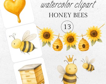 Watercolor Bee Clipart Bundle: Honeycomb, Hive, Queen Bee PNGs (Commercial Use, Digital Download