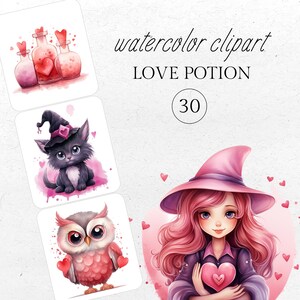 Può includere: Un set di 30 immagini clipart ad acquerello con una strega, un gatto nero, un gufo e bottiglie di pozione d'amore. Le immagini sono perfette per l'artigianato, lo scrapbooking e i progetti digitali.