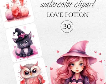 Watercolor Love Witch Clipart: Valentine's Day PNG (Digital Download)