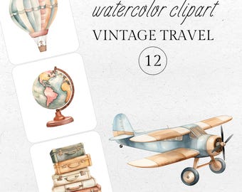 Vintage Travel Clipart Set: Watercolor Airplane, Globe, Suitcases (PNG)