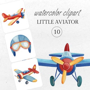 Clipart aquarelle avions, déco chambre d'enfant petit aviateur, décoration de chambre de garçons, des cliparts enfants, bébé garçon, 10 PNG, art mural voyage imprimable