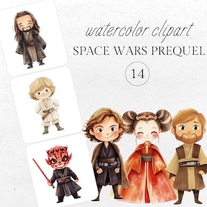 May include: Watercolor clipart of Star Wars prequel characters in cartoon form. The image includes characters such as Obi-Wan Kenobi, Darth Maul, and Padmé Amidala. The text reads "watercolor clipart SPACE WARS PREQUEL 14."