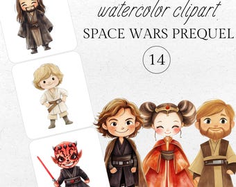 Cute Space Wars Prequel Clipart Set, Space Themed Clipart, Cute Jedi Clipart, Kids Clipart Bundle, Digital Download, 300dpi, PNG