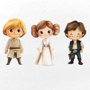 May include: Illustration of three cartoon characters: a blonde-haired figure in a tan outfit, a figure with brown hair in a white dress, and a brown-haired figure in a black vest and blue pants. All have large eyes and are smiling.