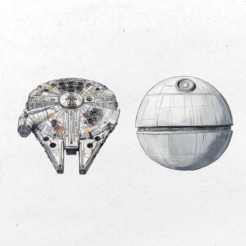 May include: Illustration of the Millennium Falcon and the Death Star from Star Wars. The Falcon is a light gray and beige spaceship with a distinctive front. The Death Star is a gray sphere with a detailed surface.