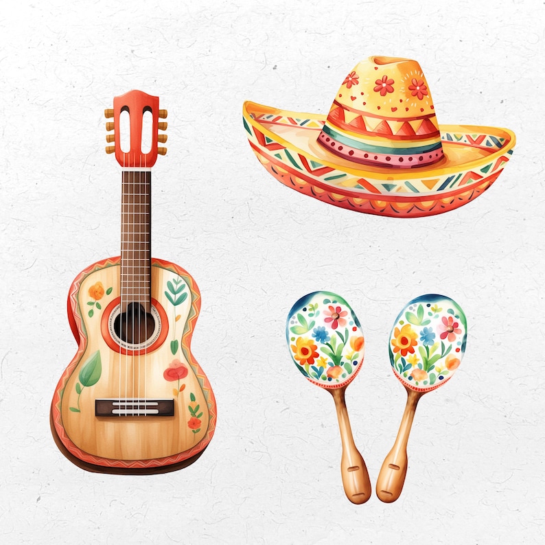 Puede incluir: Un conjunto de coloridas decoraciones para fiestas mexicanas, que incluyen un sombrero, una guitarra y maracas. El sombrero es amarillo con ribetes rojos y verdes, la guitarra es marr&oacute;n con dise&ntilde;os florales y las maracas son blancas con dise&ntilde;os florales.