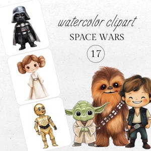 以下が含まれることがあります： スペースウォーズのキャラクターの漫画イラストが特徴の水彩画クリップアート。ダース・ベイダー、レイア姫、C-3PO、ヨーダ、チューバッカ、ハン・ソロが含まれています。「watercolor clipart」と「SPACE WARS」の文字も表示されています。