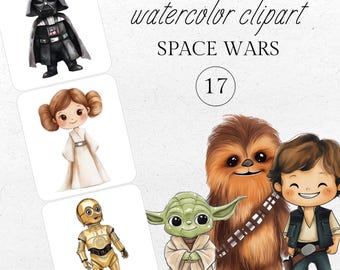 Puede incluir: Clipart de acuarela con ilustraciones de dibujos animados de personajes de Space Wars. Incluye Darth Vader, la Princesa Leia, C-3PO, Yoda, Chewbacca y Han Solo. También es visible el texto "watercolor clipart" y "SPACE WARS".