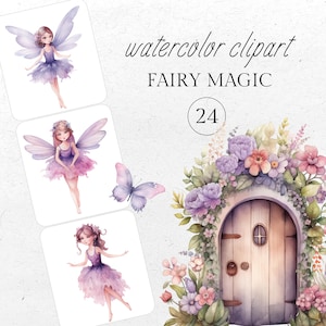 Pink & Purple Fairy Woodland Clipart, Cute Watercolor Pastel Fairies, Fairy First Birthday, Enchanted Forest, Baby Shower DIGITAL DOWNLOAD