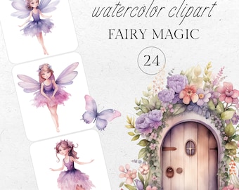 Watercolor Fairy Clipart: Pink & Purple Woodland Graphics (Digital Download)