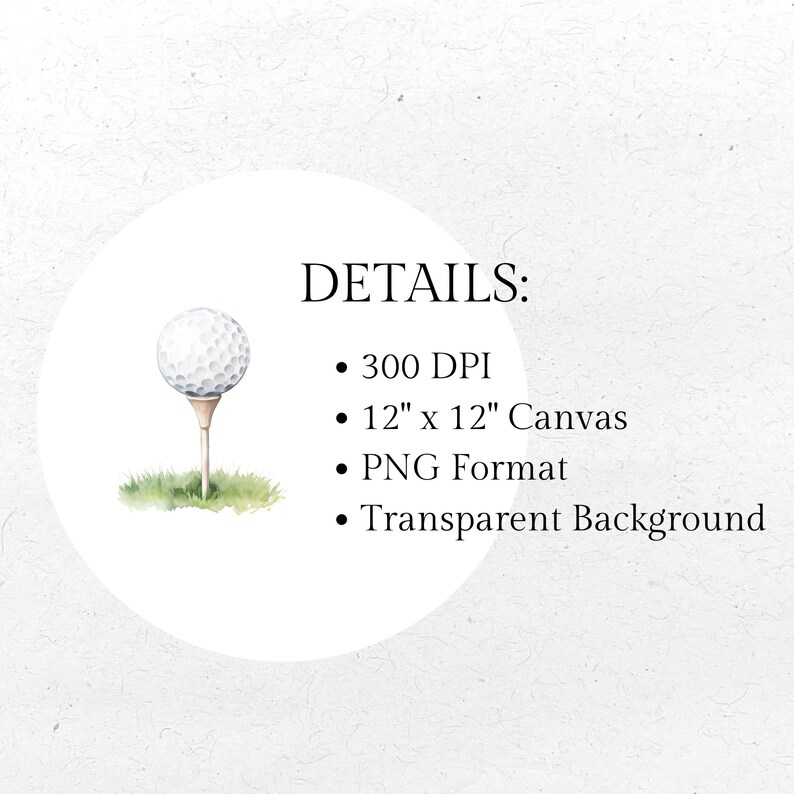 K&ouml;nnte beinhalten: Aquarell-Illustration eines Golfballs auf einem Tee, mit gr&uuml;nem Gras im Vordergrund. Das Bild befindet sich in einem wei&szlig;en Kreis mit "DETAILS:" und den Spezifikationen: 300 DPI, 30.48 cm x 30.48 cm Leinwand, PNG-Format und Transparenter Hintergrund.