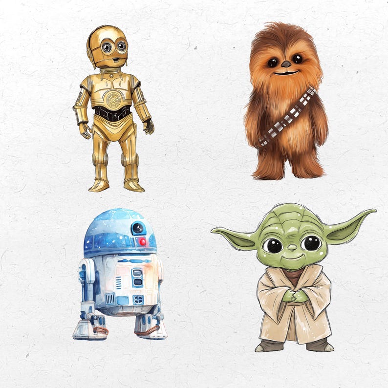 May include: Watercolor illustrations of four Star Wars characters: C-3PO, Chewbacca, R2-D2, and Yoda. C-3PO is gold, Chewbacca is brown, R2-D2 is blue and white, and Yoda is green. Each character is depicted in a cute, stylized manner.