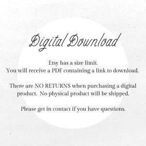 K&ouml;nnte beinhalten: Ein wei&szlig;es, kreisf&ouml;rmiges Grafikdesign mit dem Schriftzug "Digital Download" in eleganter Schrift. Der Text darunter erkl&auml;rt die Gr&ouml;&szlig;enbeschr&auml;nkung von Etsy, den PDF-Download, keine R&uuml;ckgabe und kein physisches Produkt. Kontaktieren Sie uns bei Fragen.