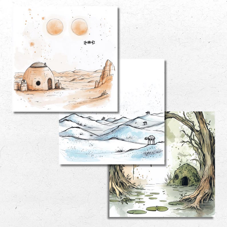 May include: Three watercolor art prints featuring desert, snowy, and swamp landscapes. The desert scene shows a domed structure and two suns. The snowy scene depicts rolling hills. The swamp scene includes a hut and tree roots.