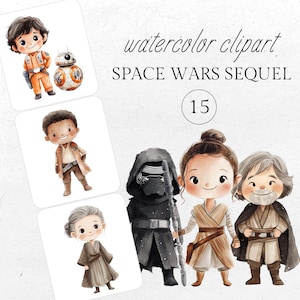 Puede incluir: Clipart de acuarela con ilustraciones de dibujos animados de personajes de la trilogía de Star Wars. La imagen incluye personajes como Rey, Kylo Ren y Luke Skywalker, junto con otros personajes y el texto "SPACE WARS SEQUEL".